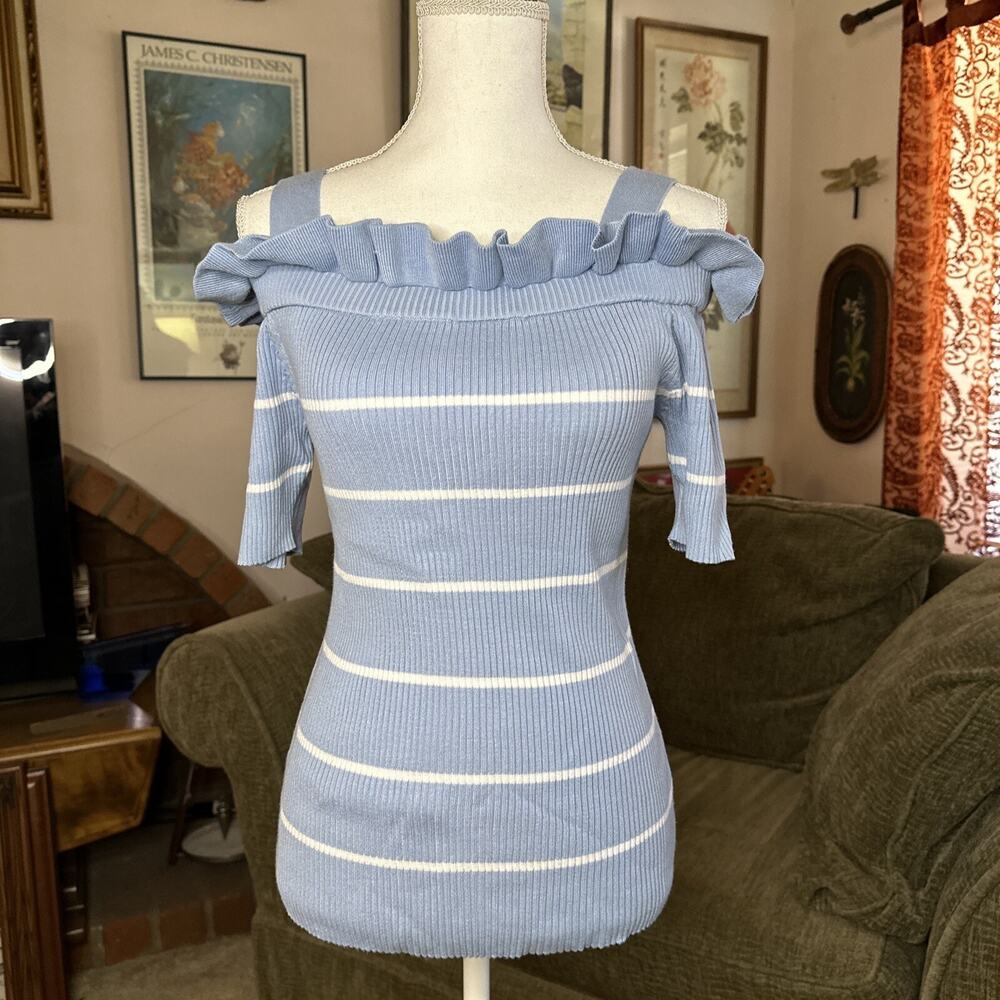 Grace Elements Women's Ribbed Sweater Blue White Striped Ruffled Cold Shoulder